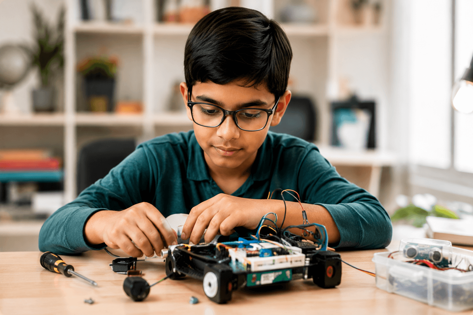 Boy building a robot